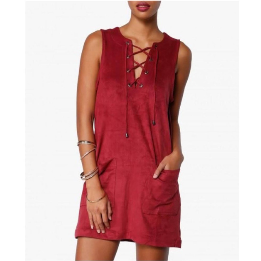 FOREVER 21 Burgundy Sleeveless Faux Suede Drawstring Front Mini Dress